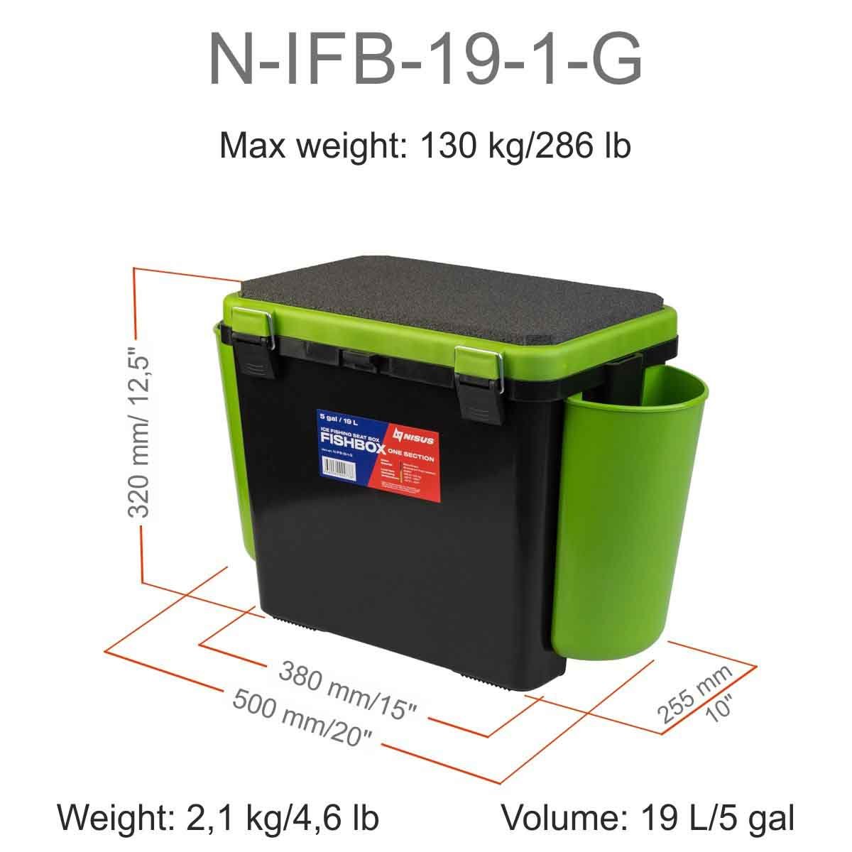 FishBox Large 5 gal Box for Ice Fishing with Seat could carry up to 286 pounds, it is 12.5 inches high, 20 inches long and 10 inches wide, weighing 4.6 lbs