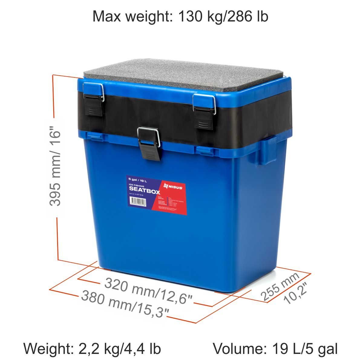 5 Gal Ice Fishing Bucket Type Box with Seat and Adjustable Shoulder Strap cpuld carry up to 286 pounds, it is 16 inches high, 12.6 inches long and 10.2 inches wide, weighing 4.4 lbs