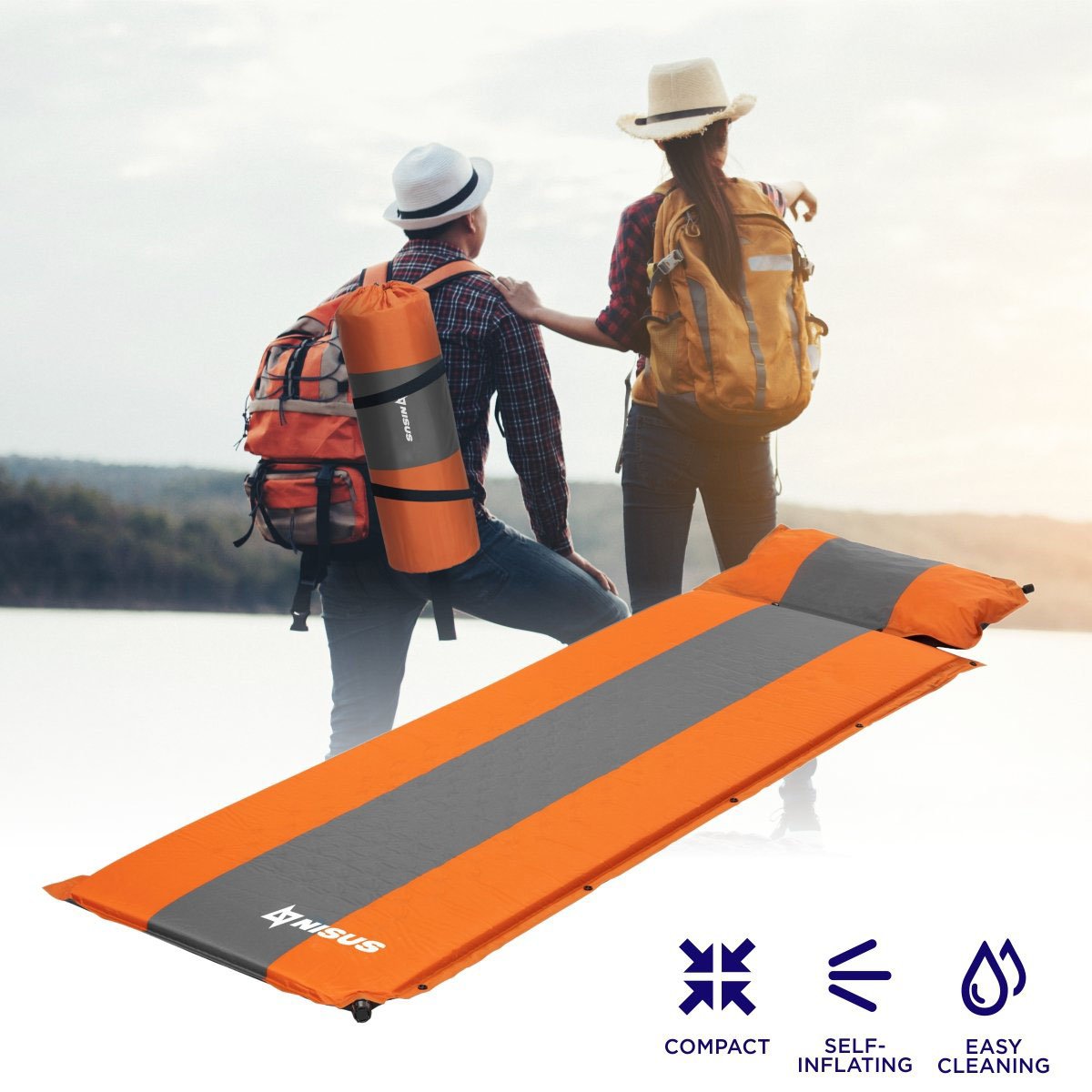 Orange Self Inflating Sleeping Pad with Pillow is lightweight and compact, perfect for outdoor trips