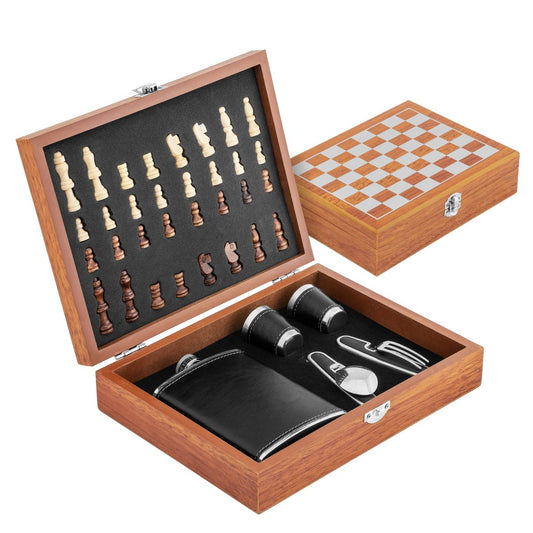 Chess Gift Set with 8 oz Stainless Steel Hip Flask and Shot Glasses