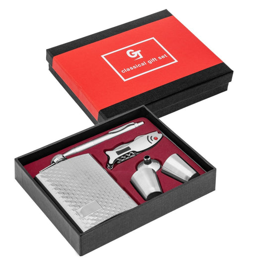 Stainless Steel Gift Set, 8 oz Hip Flask and Shot Glasses