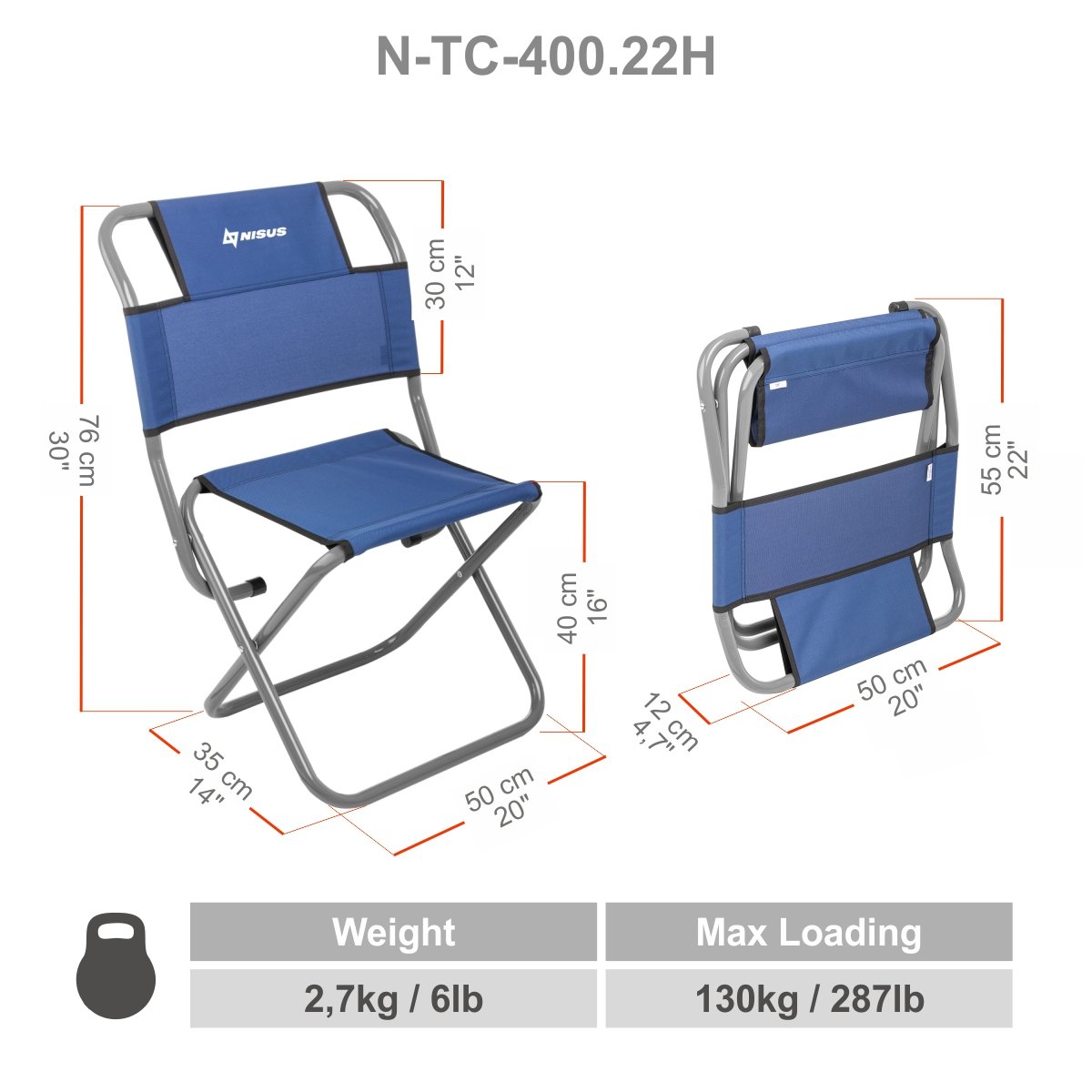 Nisus Blue Outdoor Chair with a back, Folded/Unfolded, Height, Width, Length and Weight