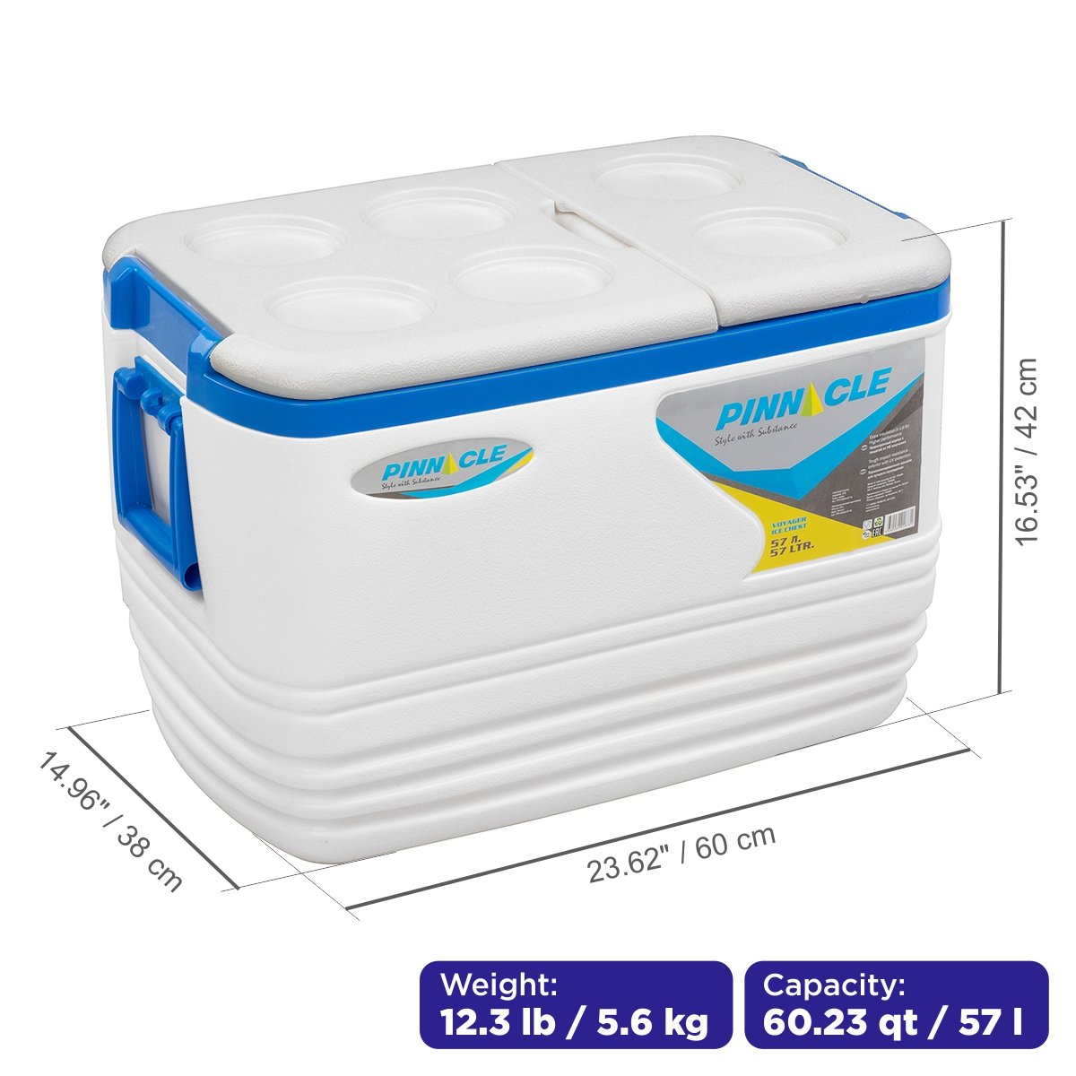 Voyager Large Ice Chest with Side Handle, Drain Plug and 6 Cup Holders, 60 qt is 23.6 inches long, 15 inches wide and 16.5 inches high, weighing 12.3 lbs