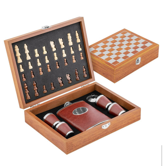 Gift Chess Set with 8 oz Stainless Steel Flask and Shot Glasses
