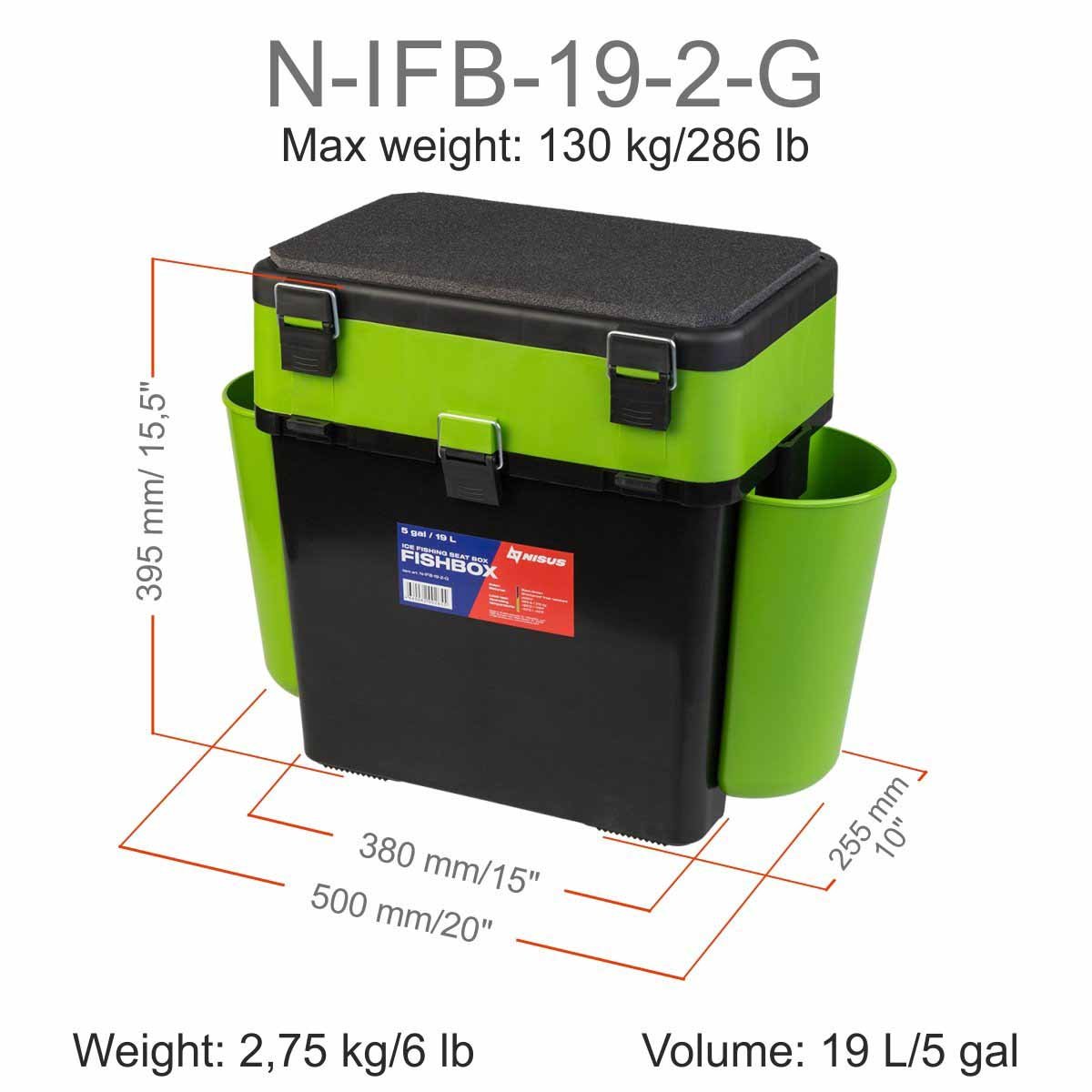 FishBox Large 5 gal Box for Ice Fishing with Seat could carry up to 286 pounds, it is 15.5 inches high, 16 inches long and 10 inches wide, weighing 6 lbs