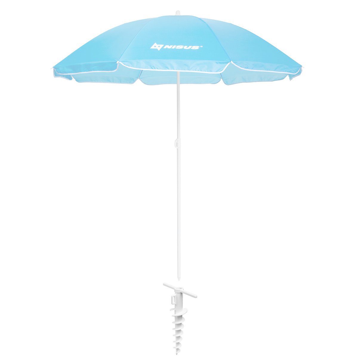 Plastic Beach Umbrella Sand Anchor holding a sky blue beach umbrella
