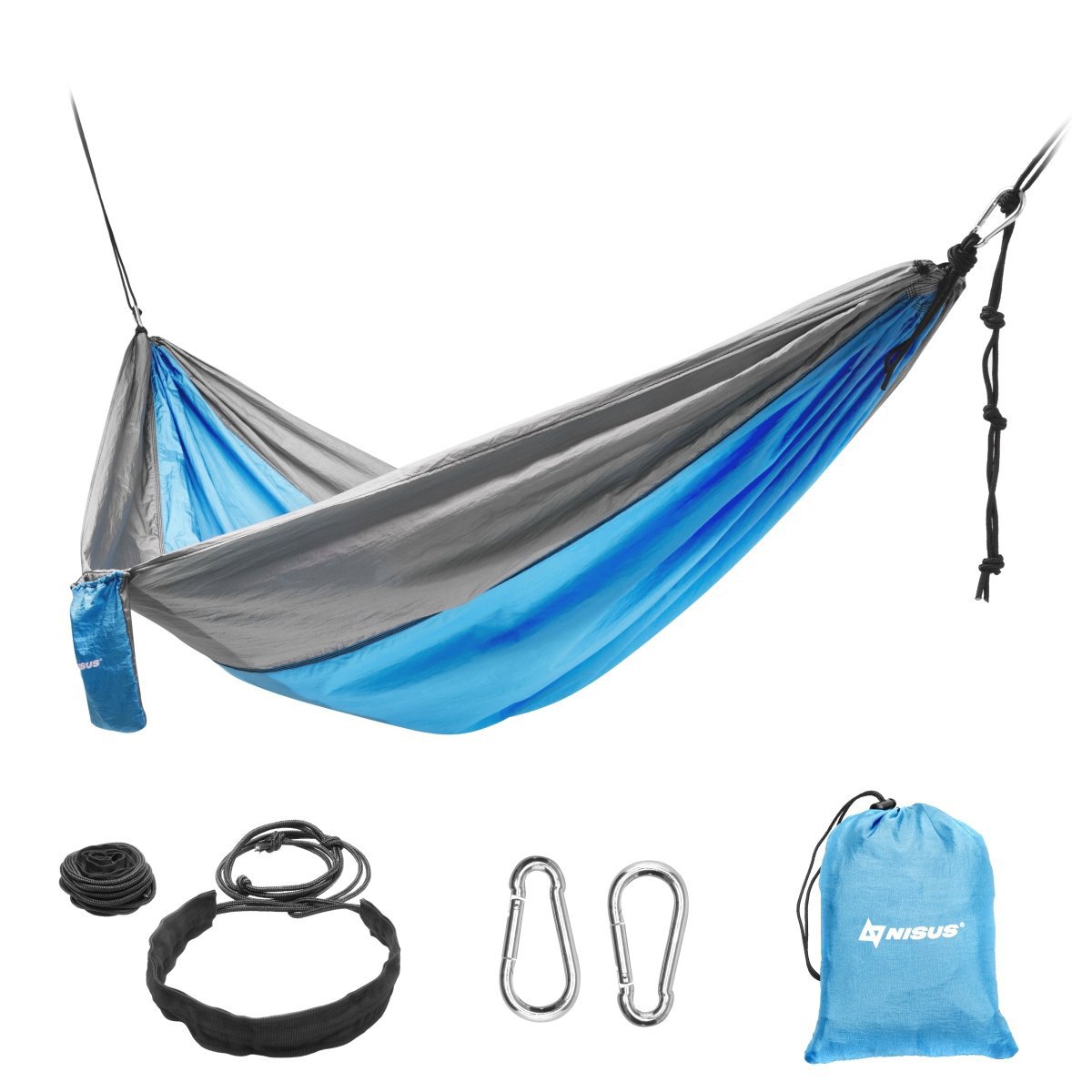 Blue camping hammock with a carry bag and ropes
