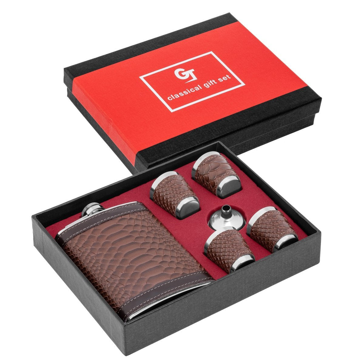 Stainless Steel Gift Set, 9 oz Brown Hip Flask and Shot Glasses