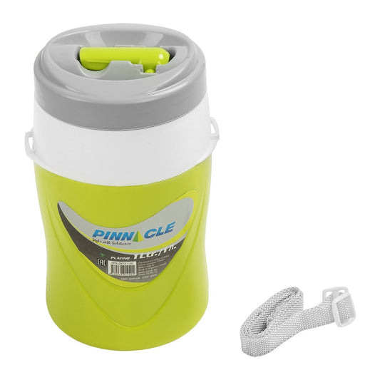 Platino Portable Beverage Cooler Jug for Outdoors and School, 1 qt is equipped with a straw lid and adjustable shoulder strap. Green color. 
