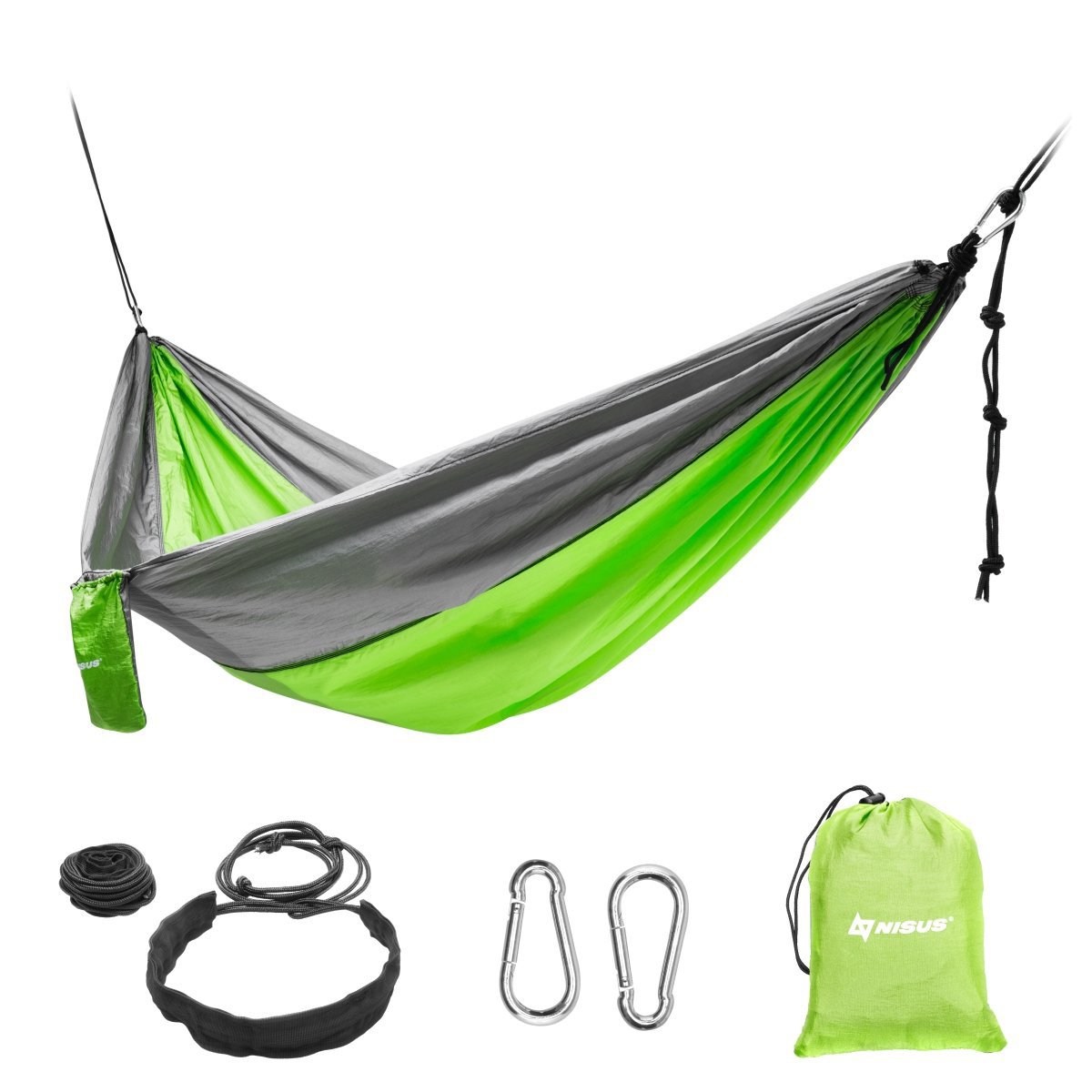 Nisus green camping hammock with a carry bag and ropes