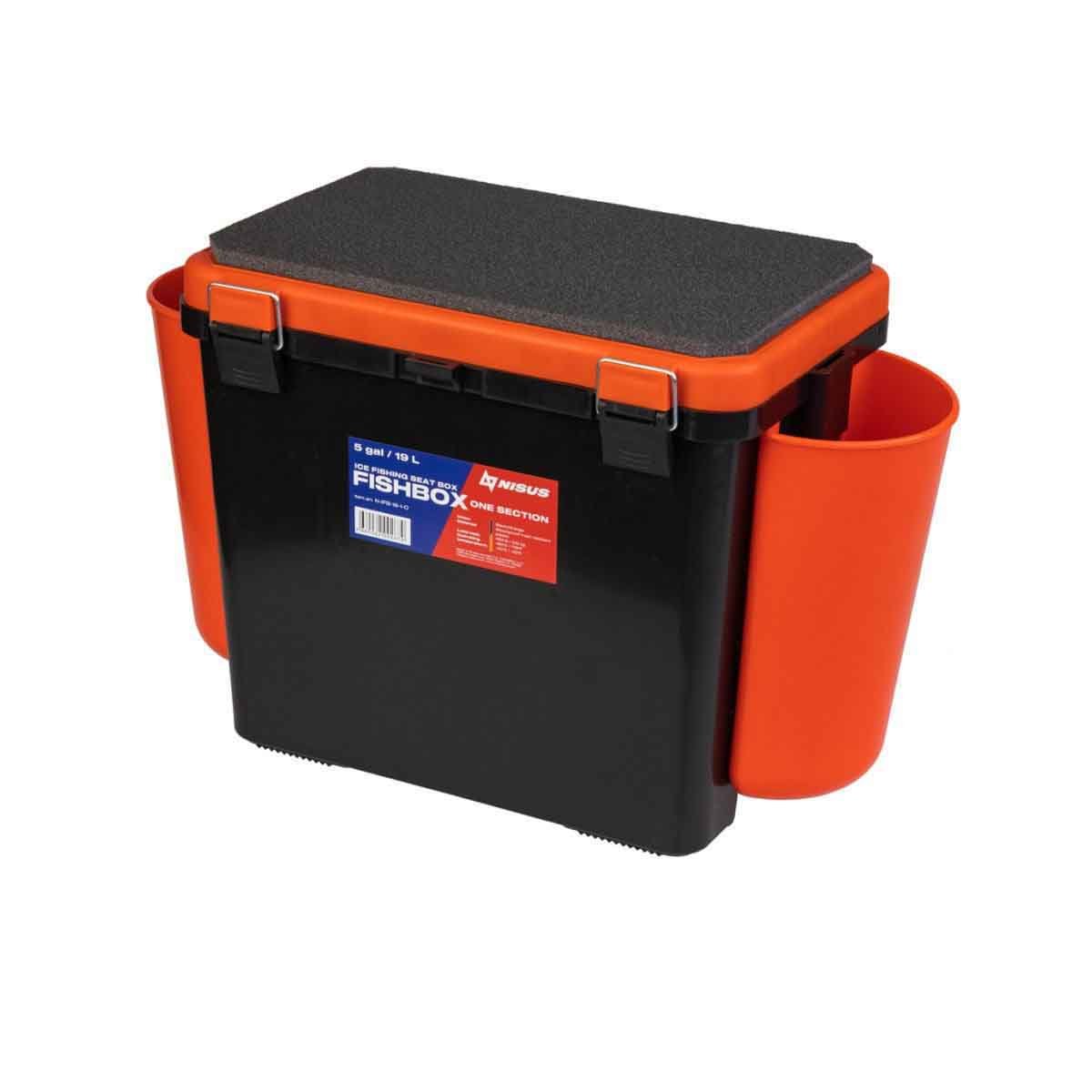 FishBox Large 5 gal SeatBox for Ice Fishing Tackle and Gear, orange