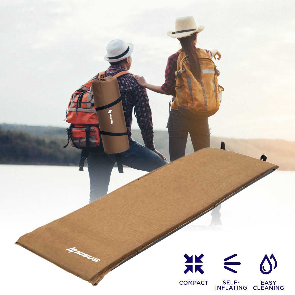 Beige Self Inflating Sleeping Pad is lightweight and compact, perfect for outdoor trips