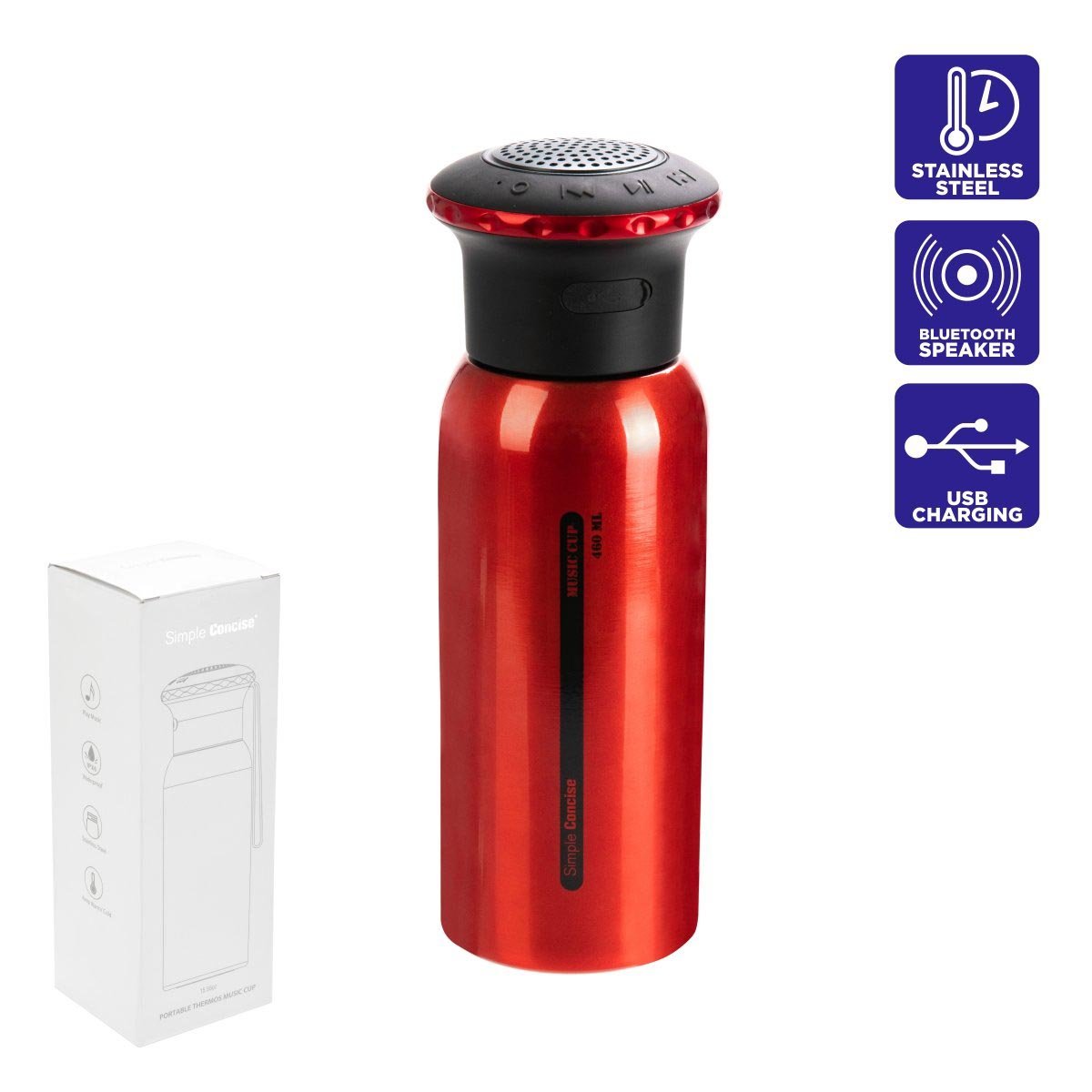 Insulated Water Bottle with Bluetooth Speaker, Red, 15 oz is made of stainless steel and equipped with a USB charger