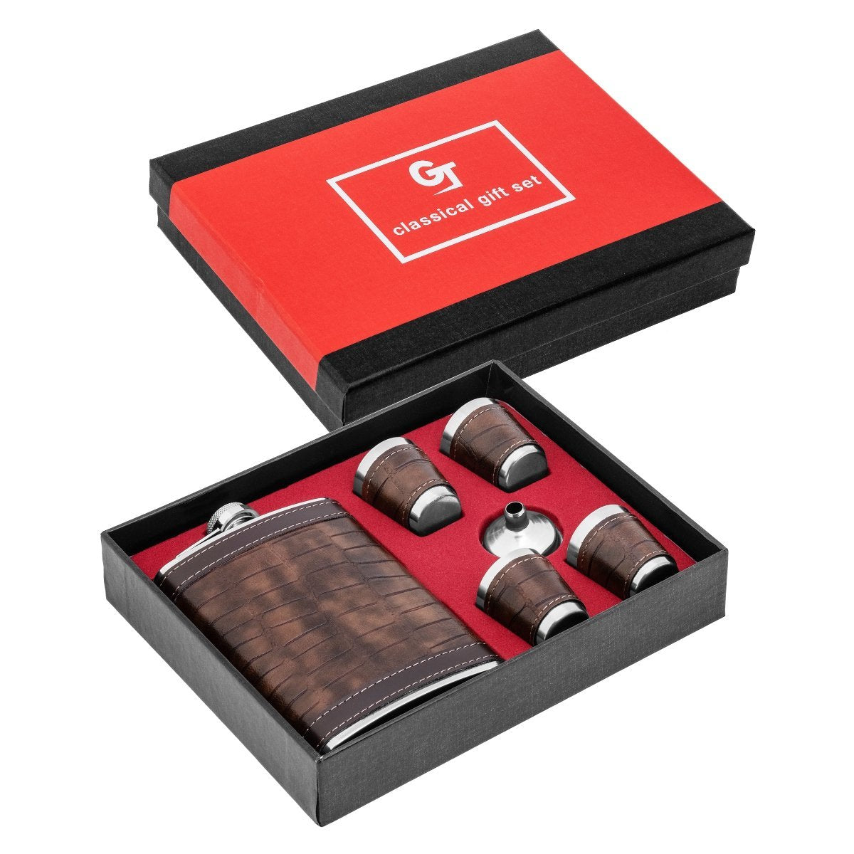 Stainless Steel Gift Set, 9 oz Brown Hip Flask with Shot Glasses