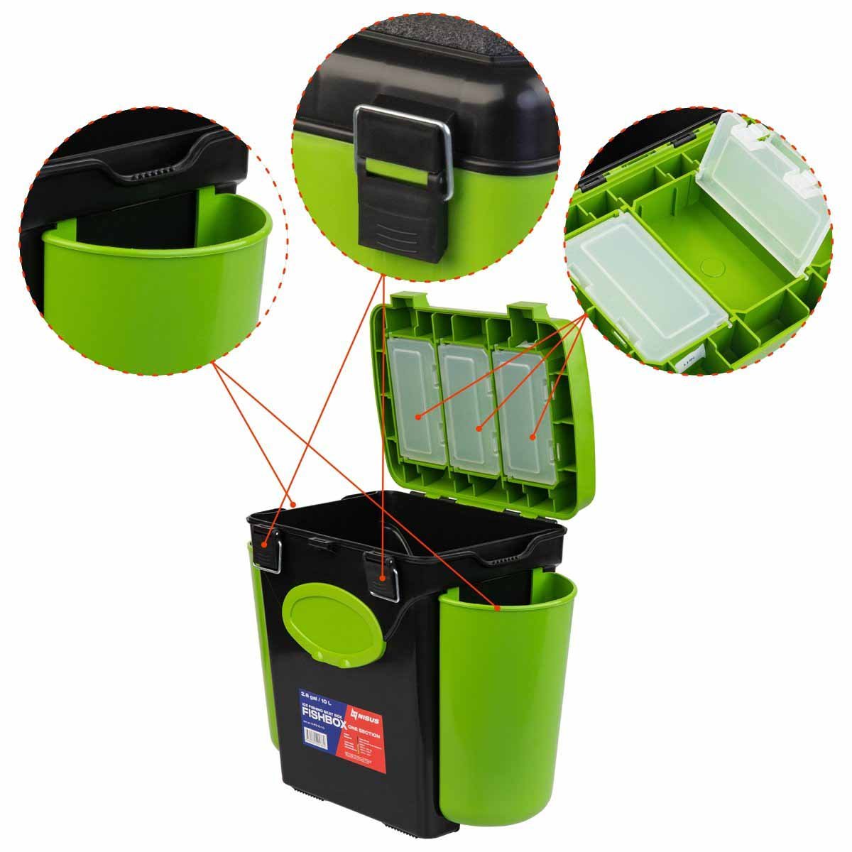 FishBox 10 liter Box for Ice Fishing is equipped with 2 plastic side pockets and 3 plastic boxes for handy storage.