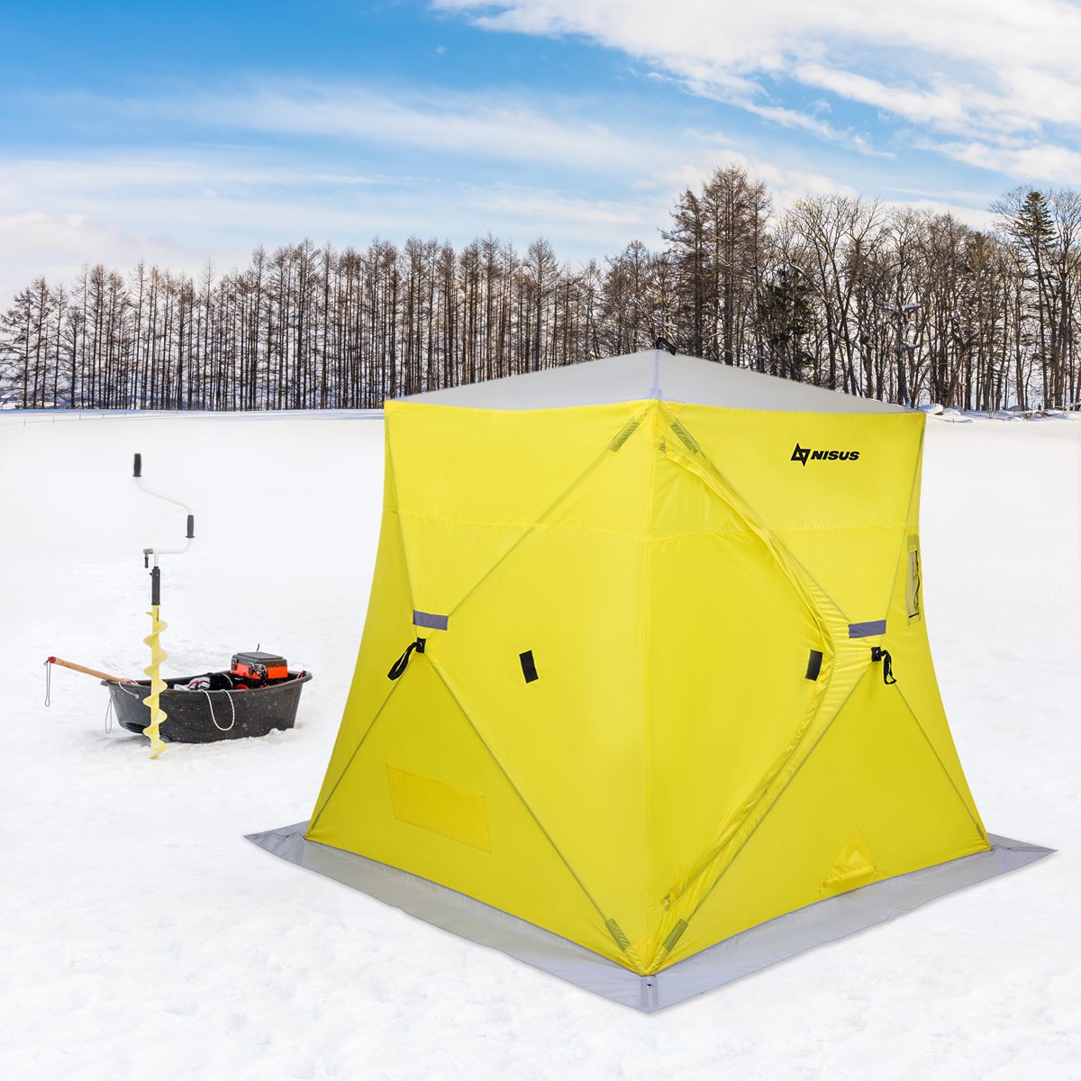 Prism Spacious Ice Fishing Shelter for 3 Persons, yellow, on ice together with Iceberg Siberia hand auger, and an ice sled