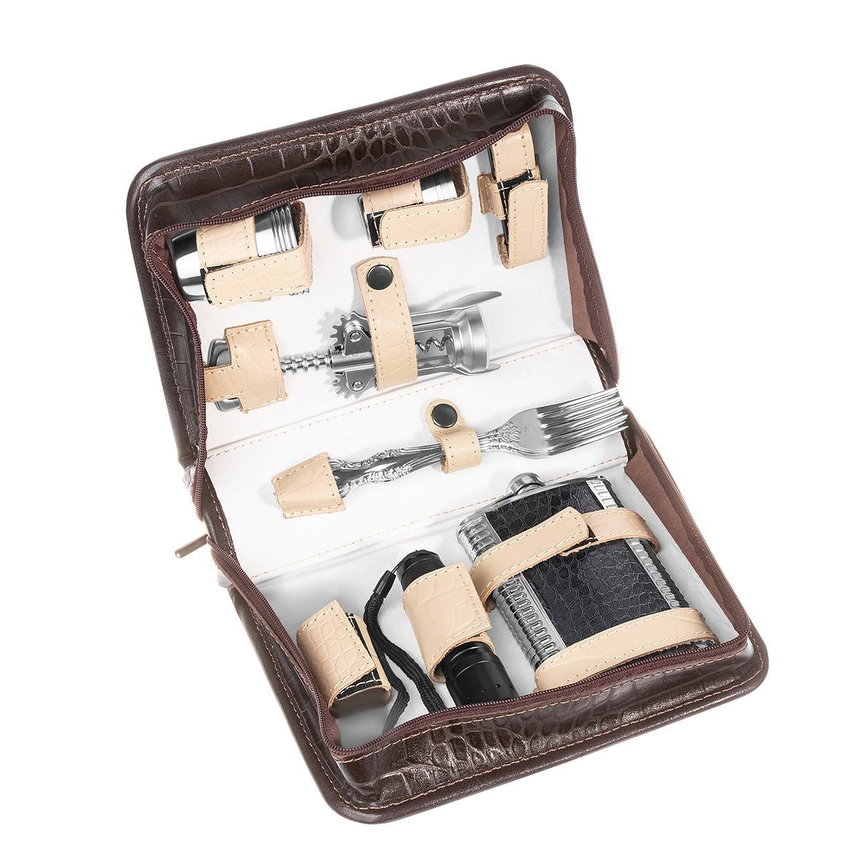 Elegant Picnic Gift Set for 4 Persons in Genuine Leather Case