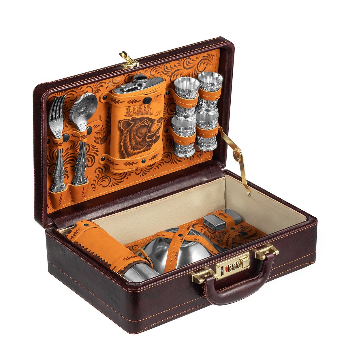 Small Picnic Set for 4 Persons in Genuine Leather Gift Case