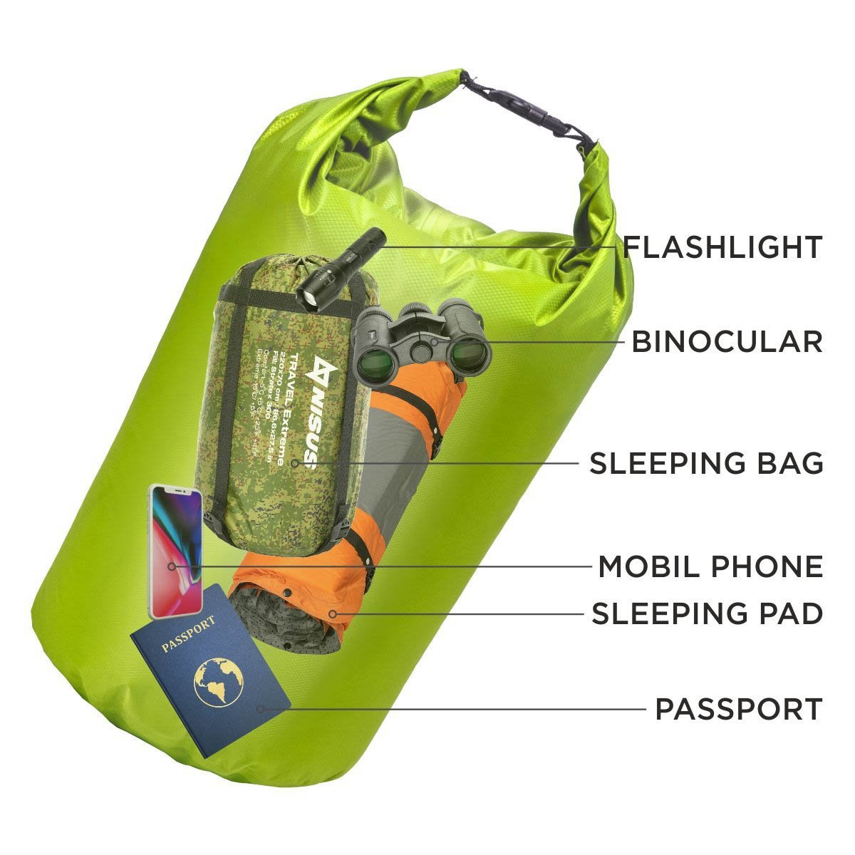 You could store flashlight, a binocular, a sleeping bag, a sleeping pad, documents and mobile phone into the 20 L Green Polyester Waterproof Dry Bag for Fishing, Kayaking with no risk