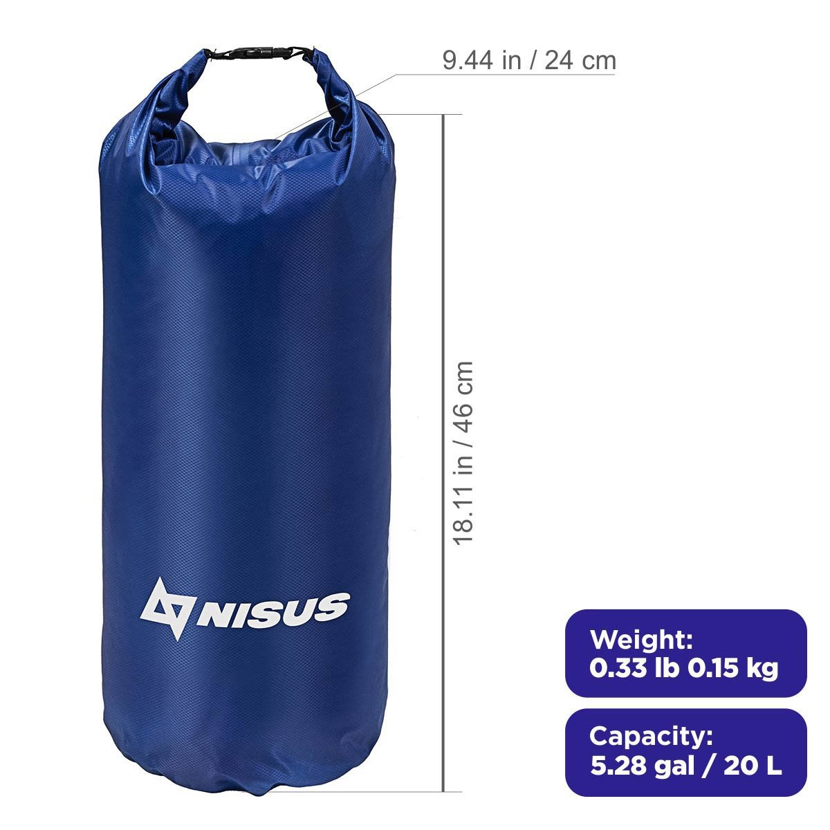 20 L Blue Polyester Waterproof Dry Bag for Fishing, Kayaking is 18.11 inches high, weighing 0.33 lbs