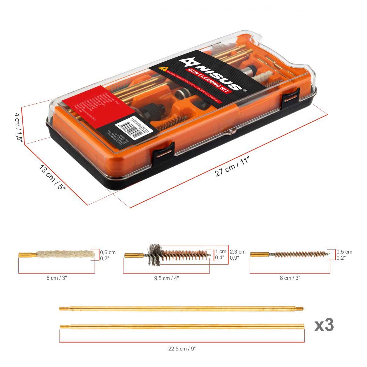 Gun Cleaning Kit, 12 Items, .22 Caliber, Plastic Case is 11 inches long, 5 inches wide and 1.5 inches high