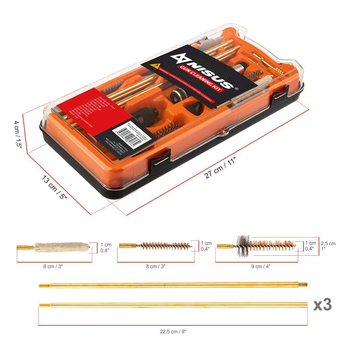 Gun Cleaning Kit, .308 Caliber, 12 Items, Plastic case is 11 inches long, 5 inches wide and 1.5 inches high