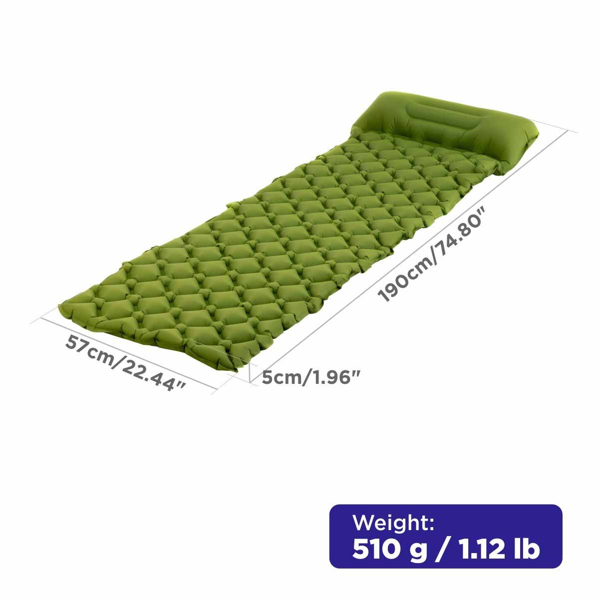 2-inch Waterproof Camping Self Inflating Sleeping is 2 inches thick, 74.8 inches long and 22.44 inches wide. It is extreme;y lightweight - only 1.12 lbs!