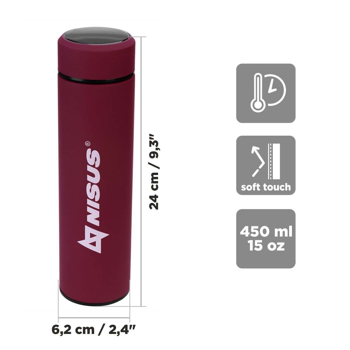 Stainless Insulated Water Bottle with LED Temperature Display, 15 oz is 9.3 inches high and 2.4 inches wide