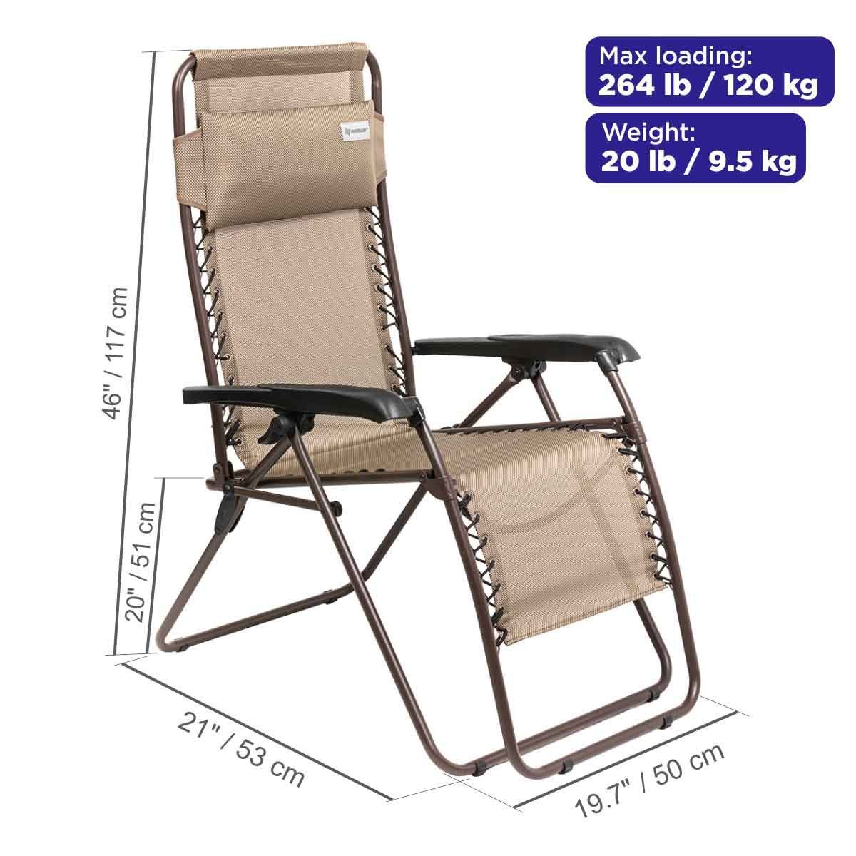Zero Gravity Folding Patio Chair with Padded Pillow, Beige carries up to 264 lbs, weighing only 20 lbs. It is 46 inches high, 21 inches long, 19.7 inches wide and 20 inches deep