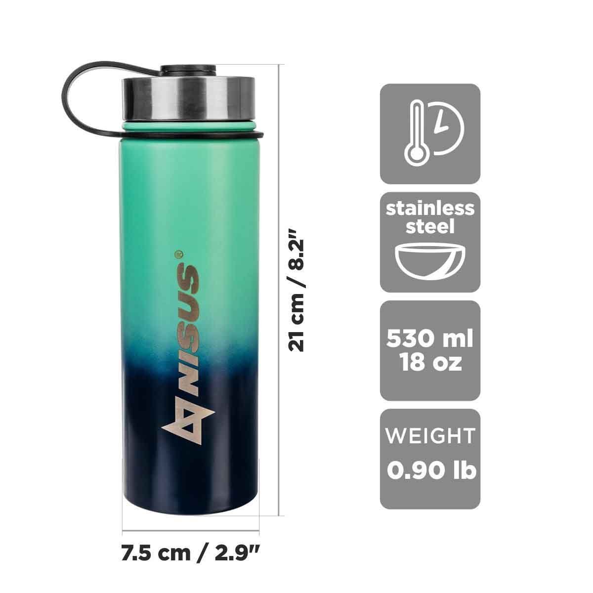Stainless Steel Insulated Sport Water Bottle with 3 Lid Types, 18 oz is 8.2 inches high and 2.9 inches wide and weighs only 0,9 lbs