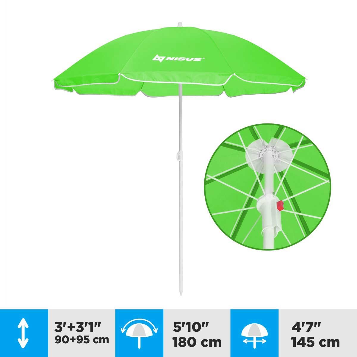 A 4.7 ft Green Tilting Beach Umbrella is 6.1 feet high