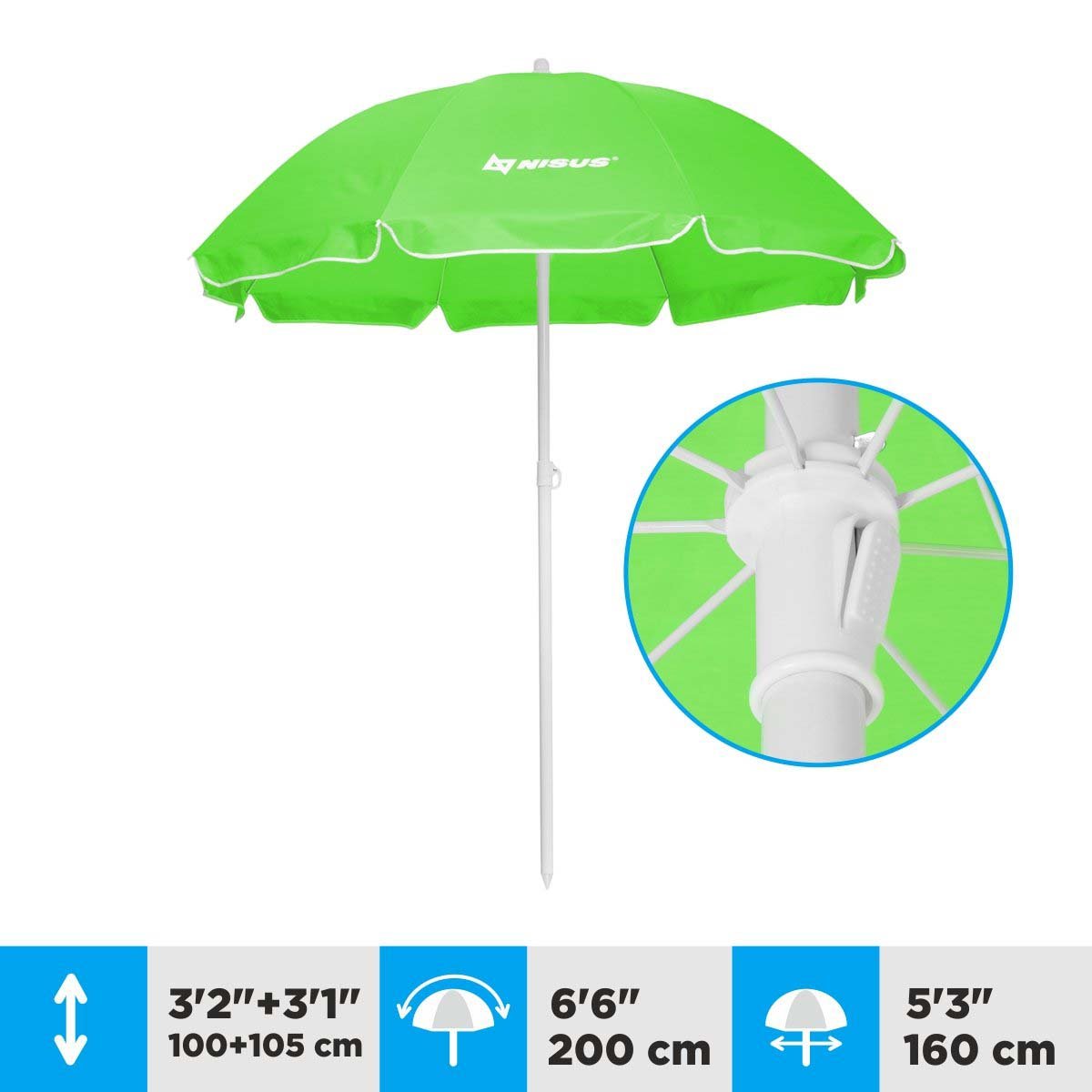 A 5.3 ft Green Tilting Beach Umbrella is 6.3 feet high