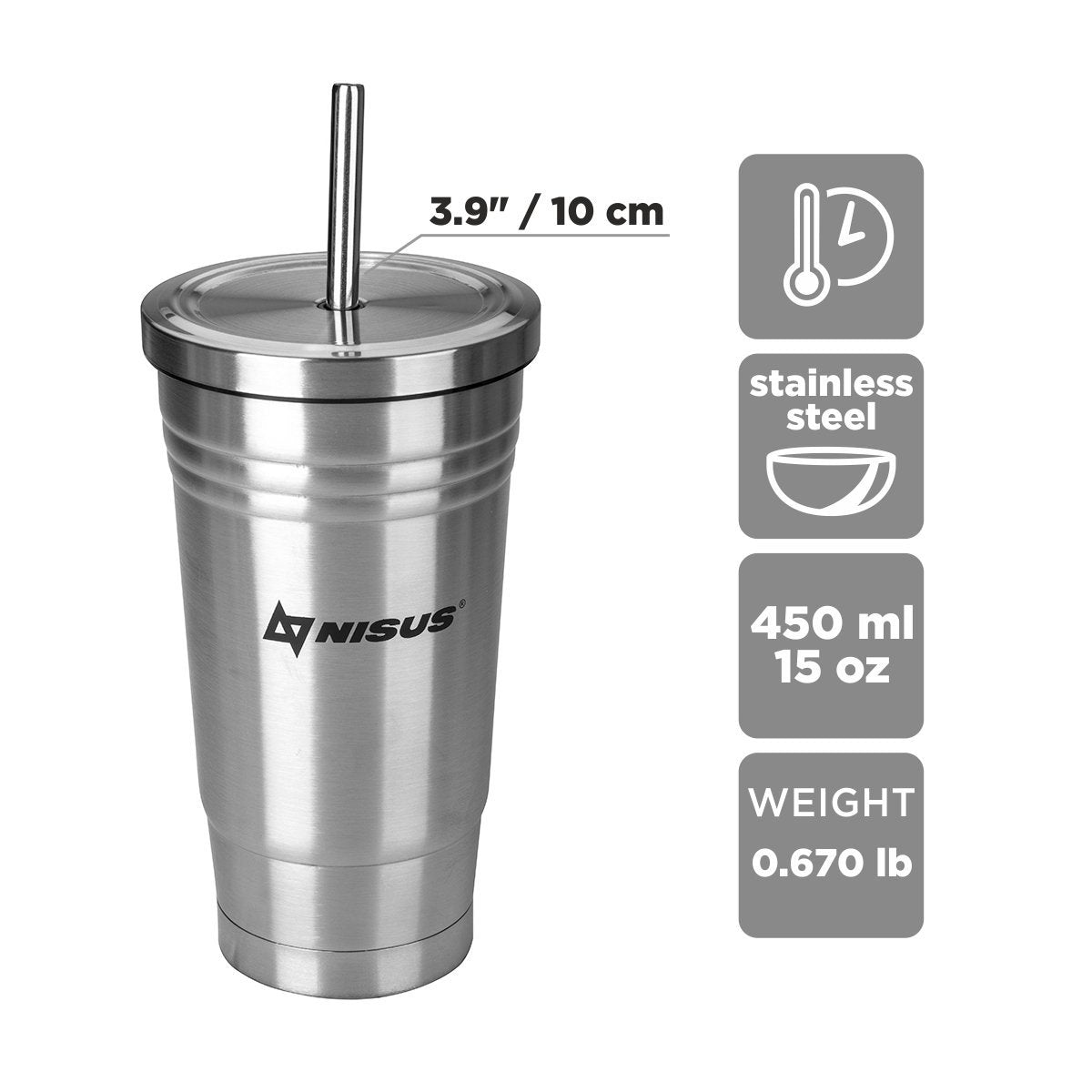 Nisus Stainless Steel Tumbler with Straw and Lid, 16 oz