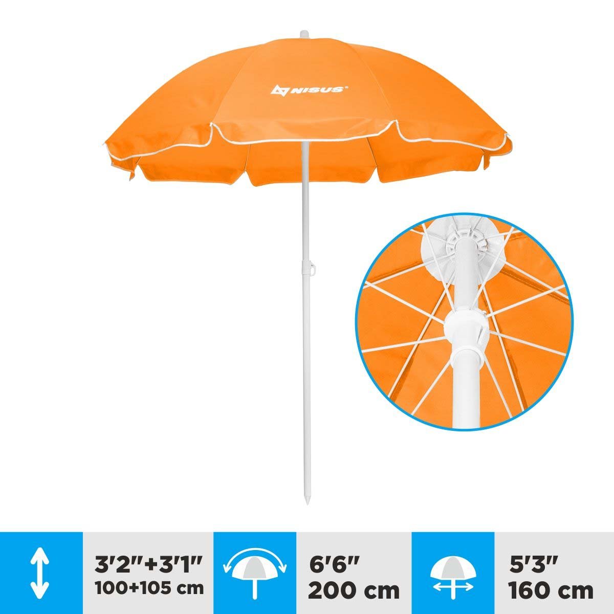 A 5.3 ft Orange Folding Beach Umbrella is 6.3 feet high