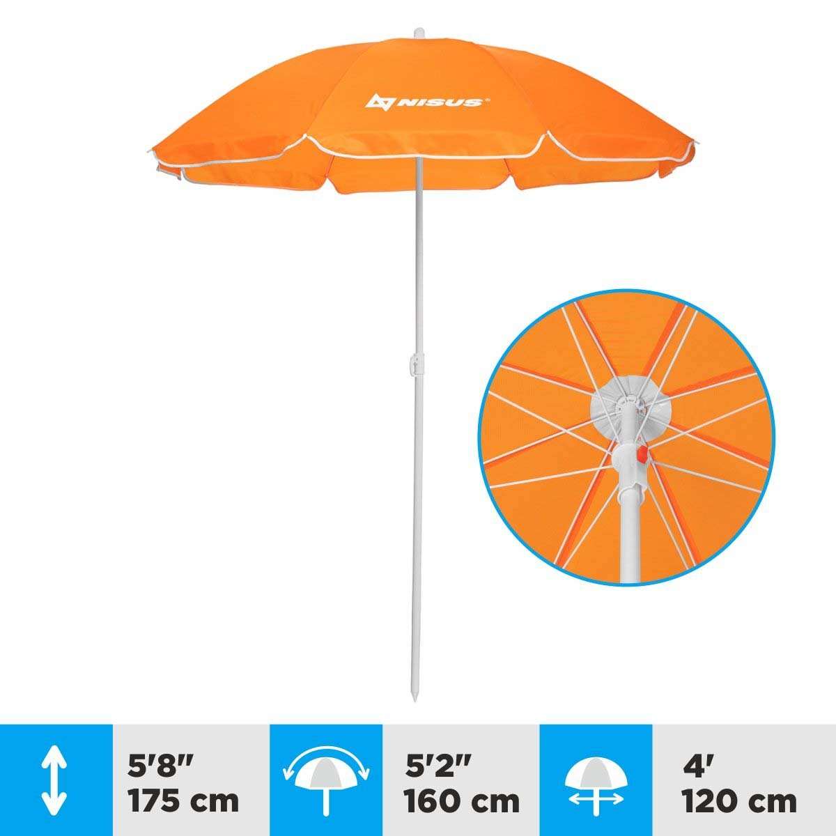 A 4 ft Orange Folding Beach Umbrella is 5.8 ft high