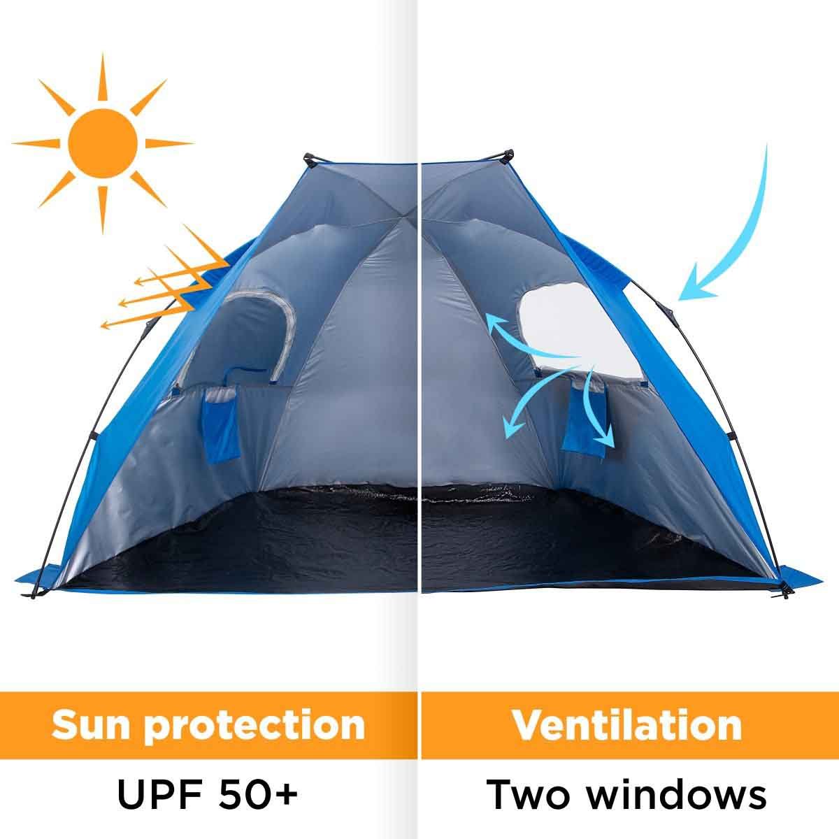 2 Person Easy Up Beach Tent Sun Shade Shelter guarantees a UPF 50+ sun protection, and it is comfort to stay in thanks to a natural ventilation 