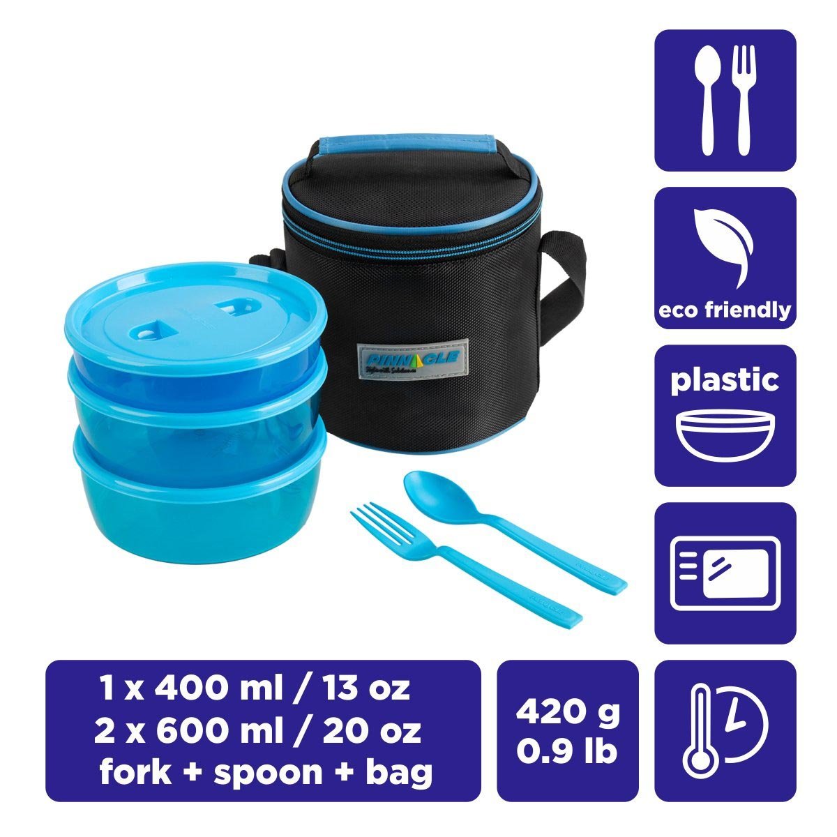Pride Set of 3 Blue Plastic Thermal Lunch Containers | Insulated Bag | Fork & Spoon