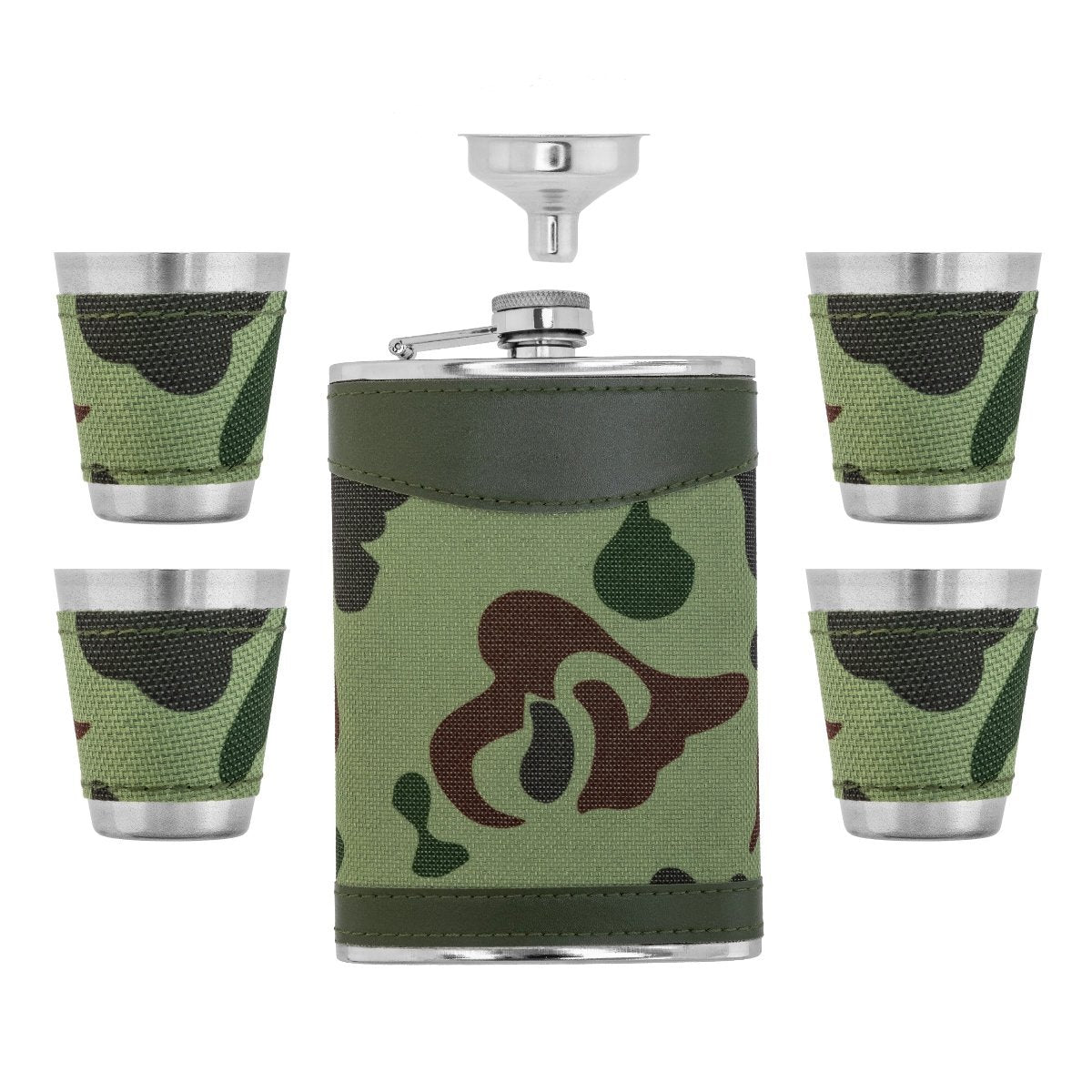 Stainless Steel Gift Set, 9 oz Camo Flask, Shot Glasses