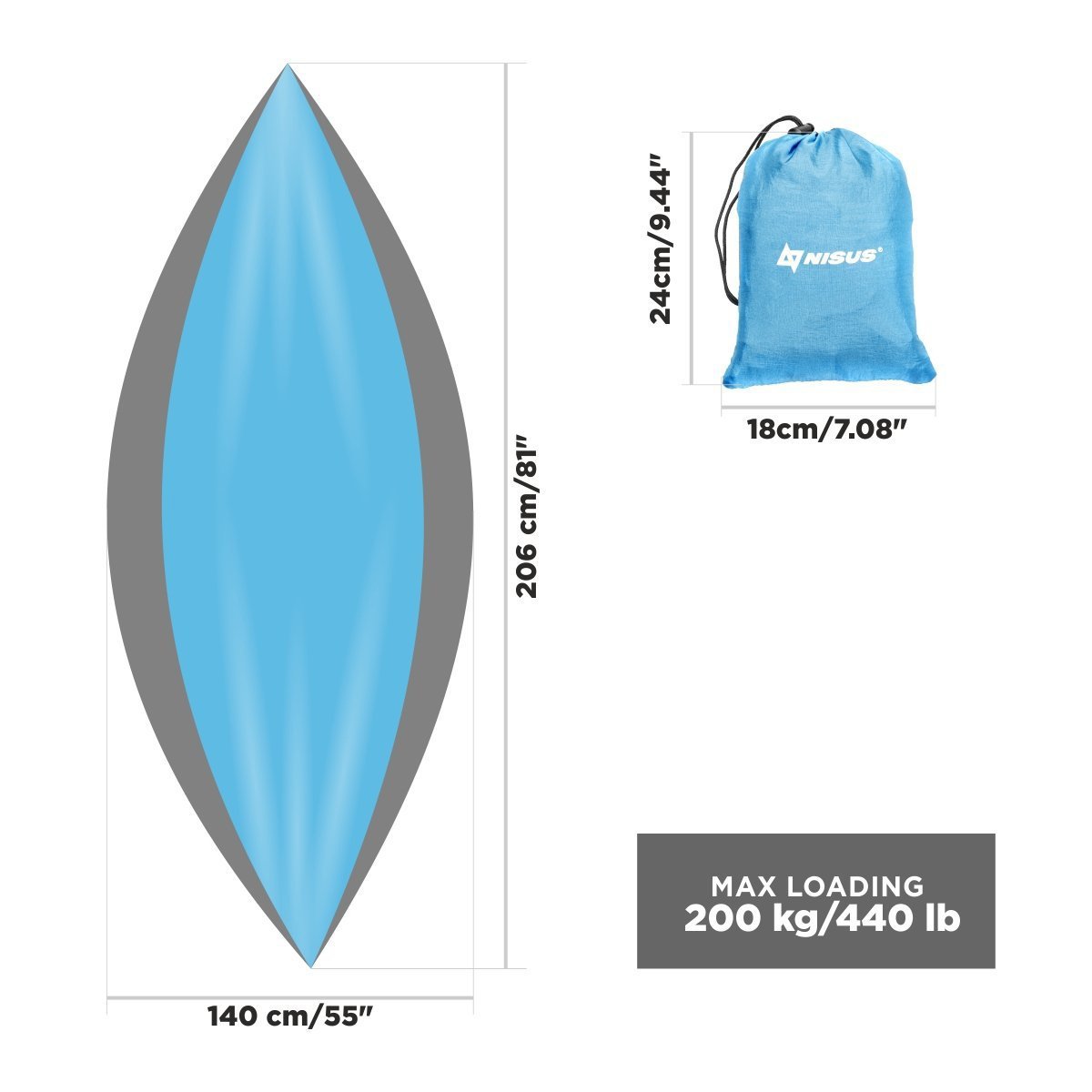 Blue camping hammock with a carry bag dimensions