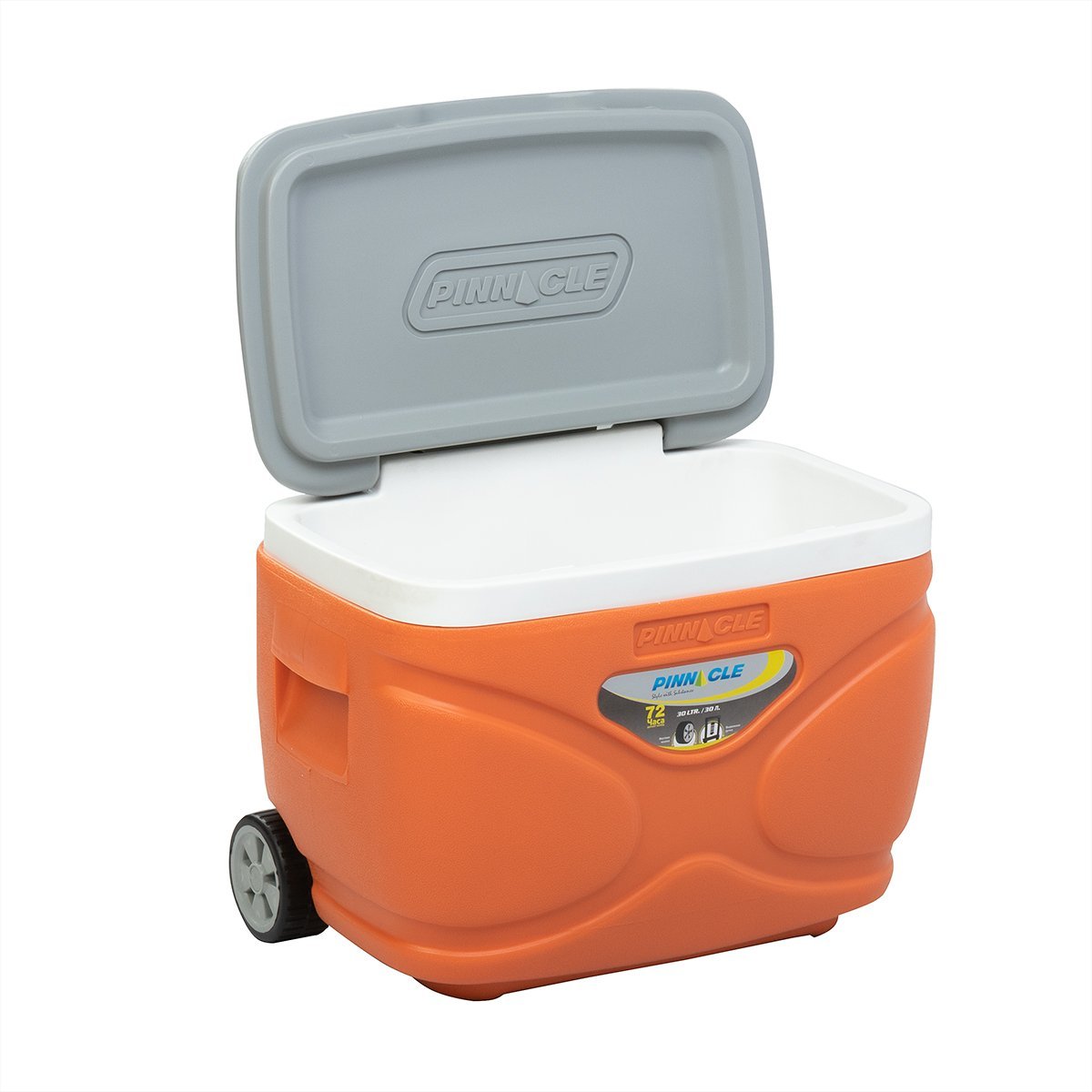 Prudence Wheeling Ice Chest with Retractable Handle, 31 qt, Orange with a lid widely open