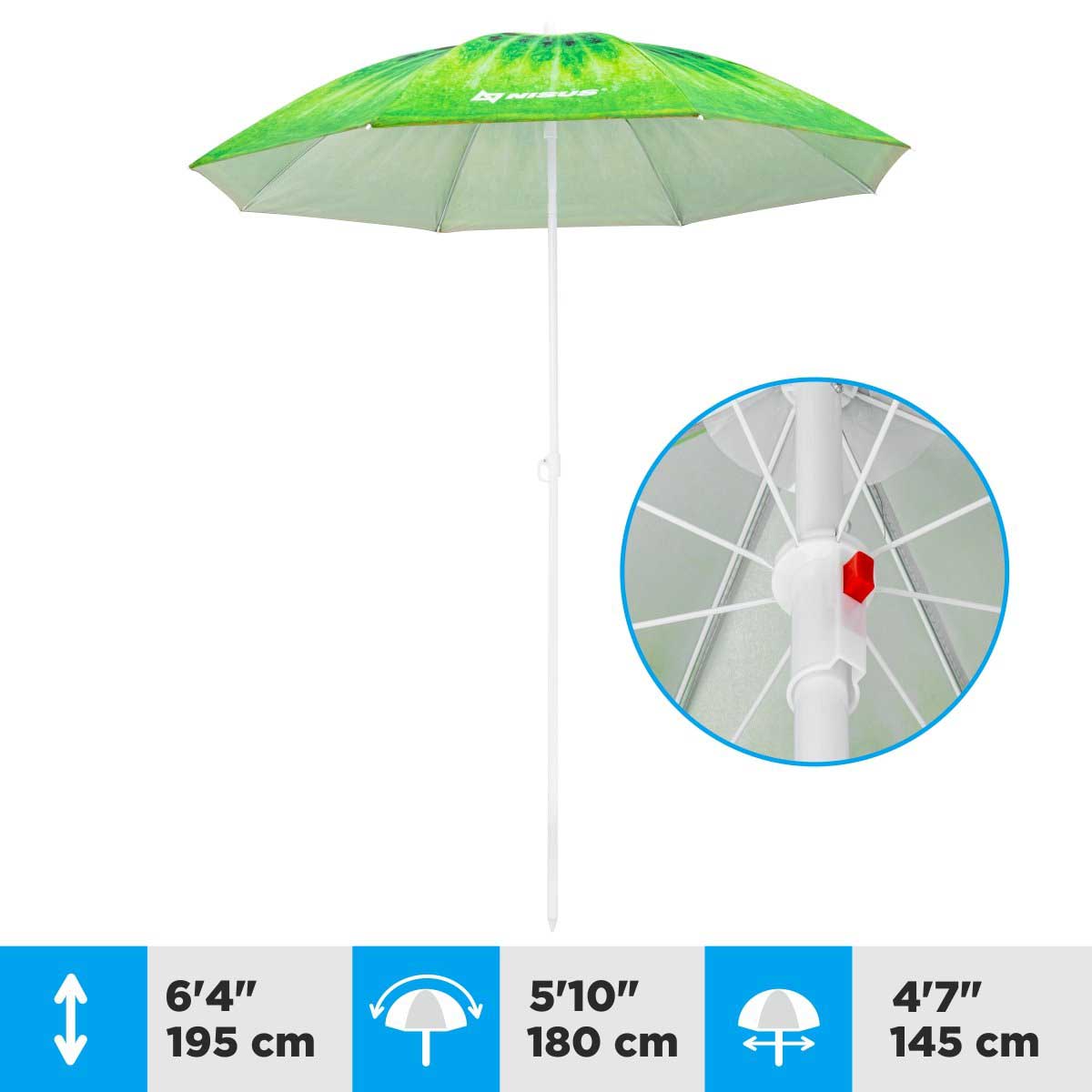A 4.7 ft Kiwi Folding Tilting Beach Umbrella is 6.4 feet high