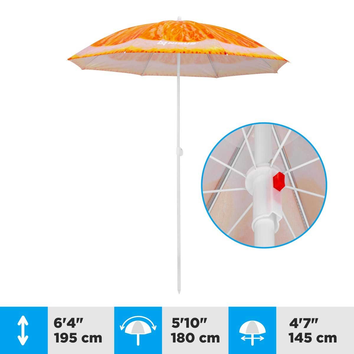 A 4.7 ft Orange Folding Tilting Beach Umbrella is 6.4 feet high