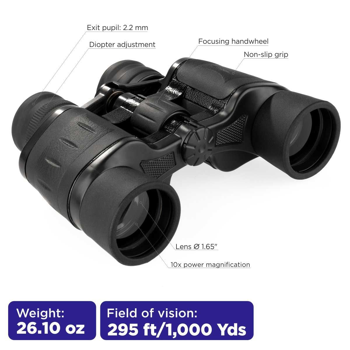 12x42 Black Large Binocular with a Carry Bag weighs 26 oz, stands for a thousand yard field of view, boast 1.65-inches lens, 10x magnification, diopter adjustment and a focusing handwheel