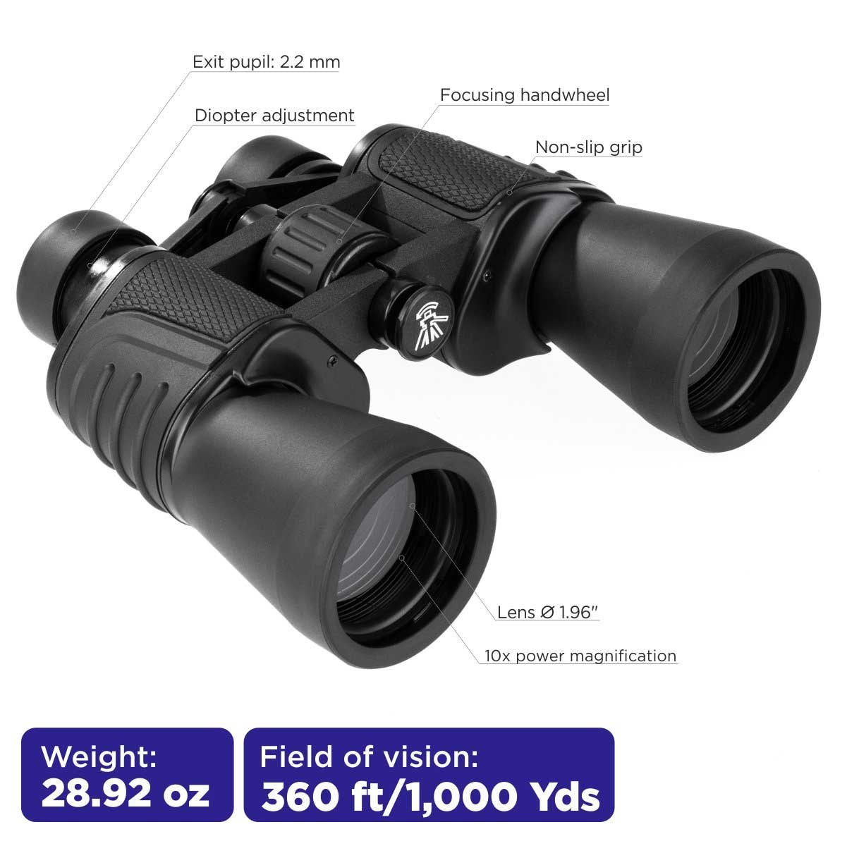 10x50 Multifunctional Camping Black Binocular weighs 29 oz, its field of vosion stands for a thousand yards. The binocular boasts a non-slip grip, focusing handwheel and 10x magnification and 2-inch lens