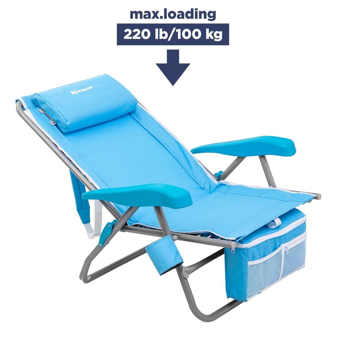 Premium Backpack Beach Chair with Cooler Bag and Headrest, Blue carries up to 220 lbs