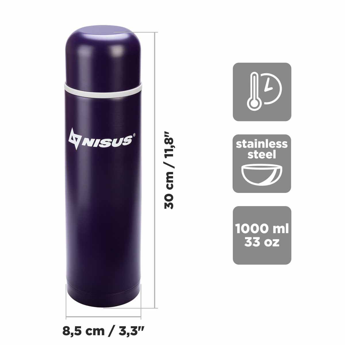 Compact Insulated Vacuum Flask with 2 Lid Cups, 33 oz, Limited Edition, purple is 11.8 inches high and 3.3 inches wide