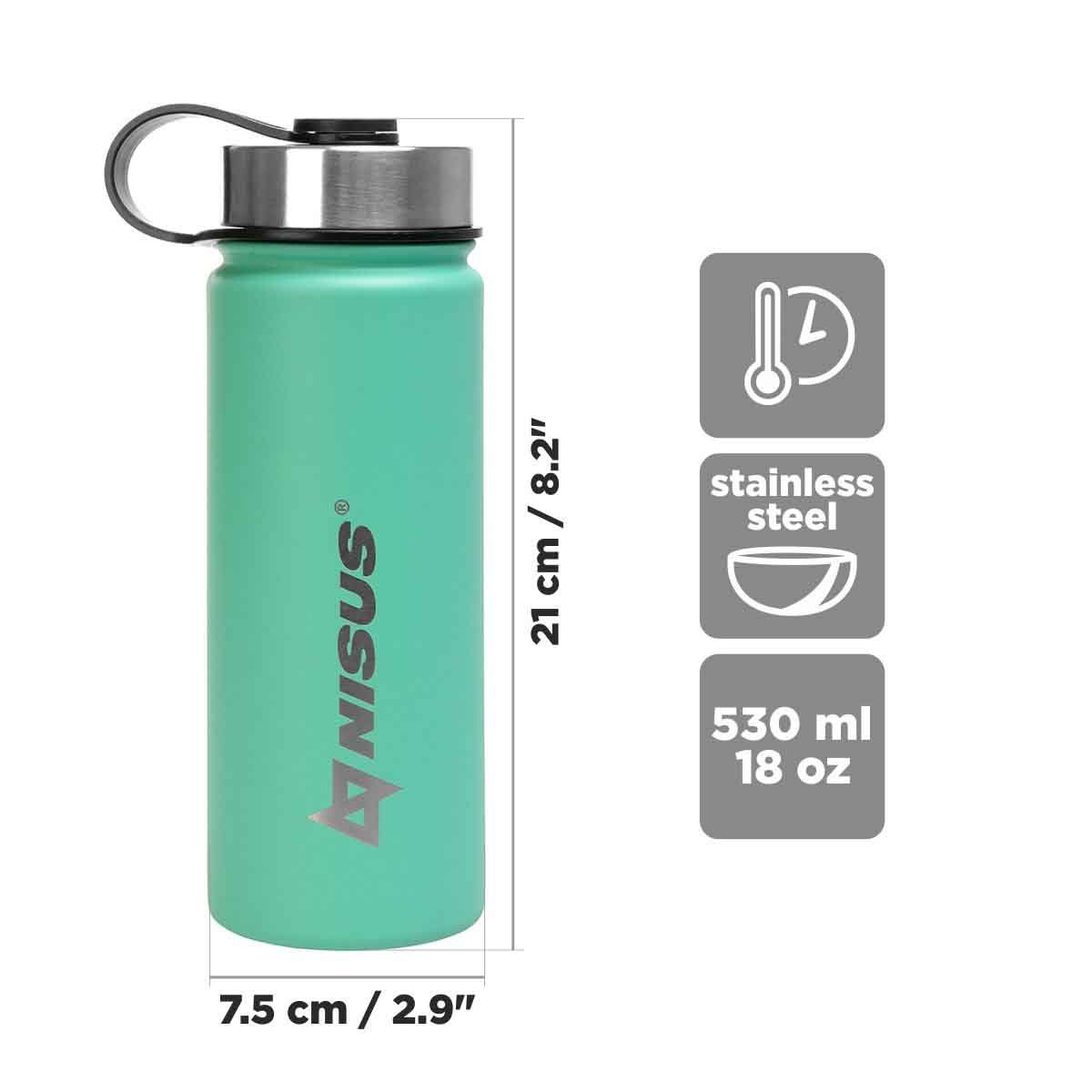 Stainless Steel Insulated Sport Water Bottle with 3 Lid Types, 18 oz is 8.2 inches high and 2.9 inches wide