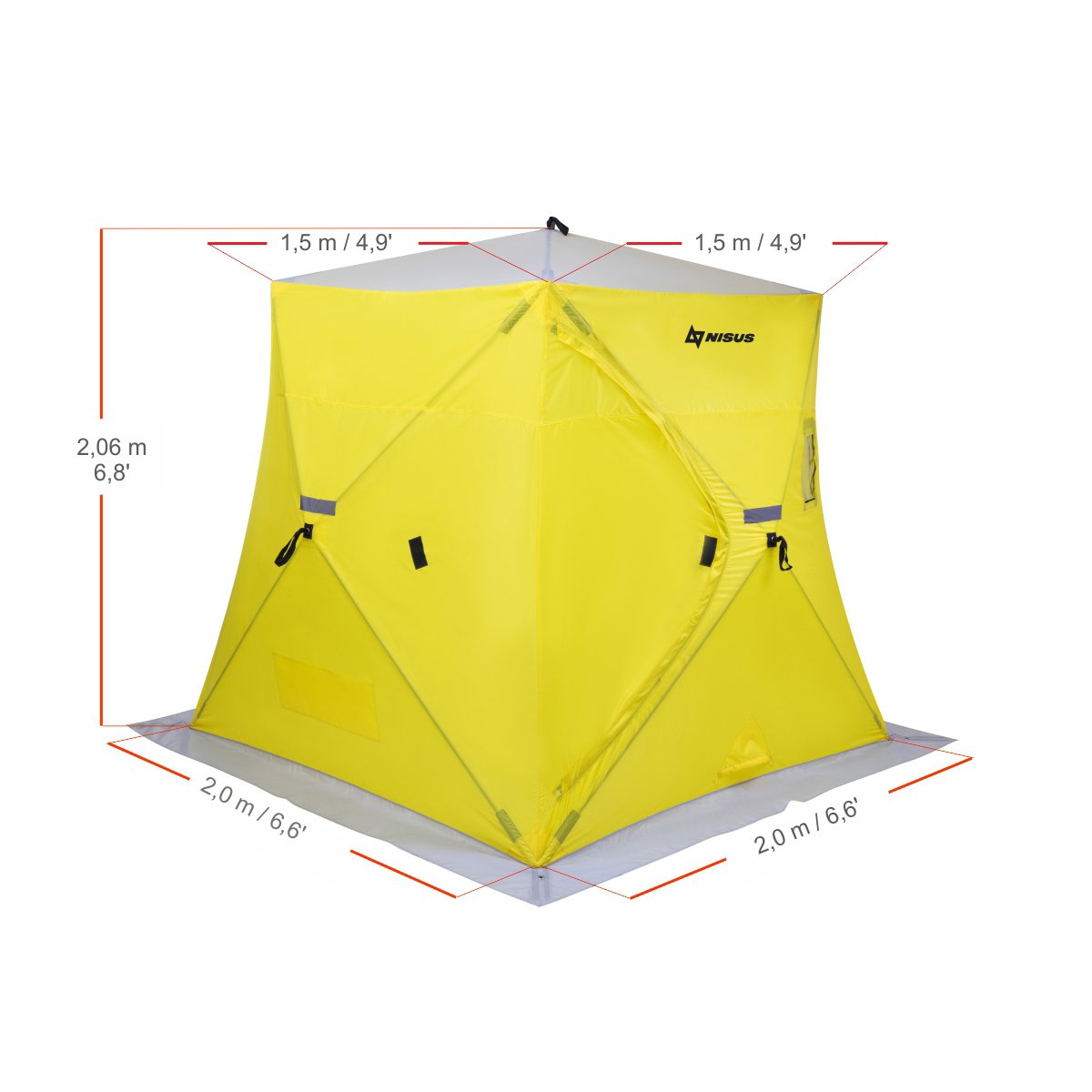 Prism Roomy Pop-Up Ice Fishing Shelter for 3 Persons is 6.8 feet high, 6,6 feet long and 6,6 feet wide