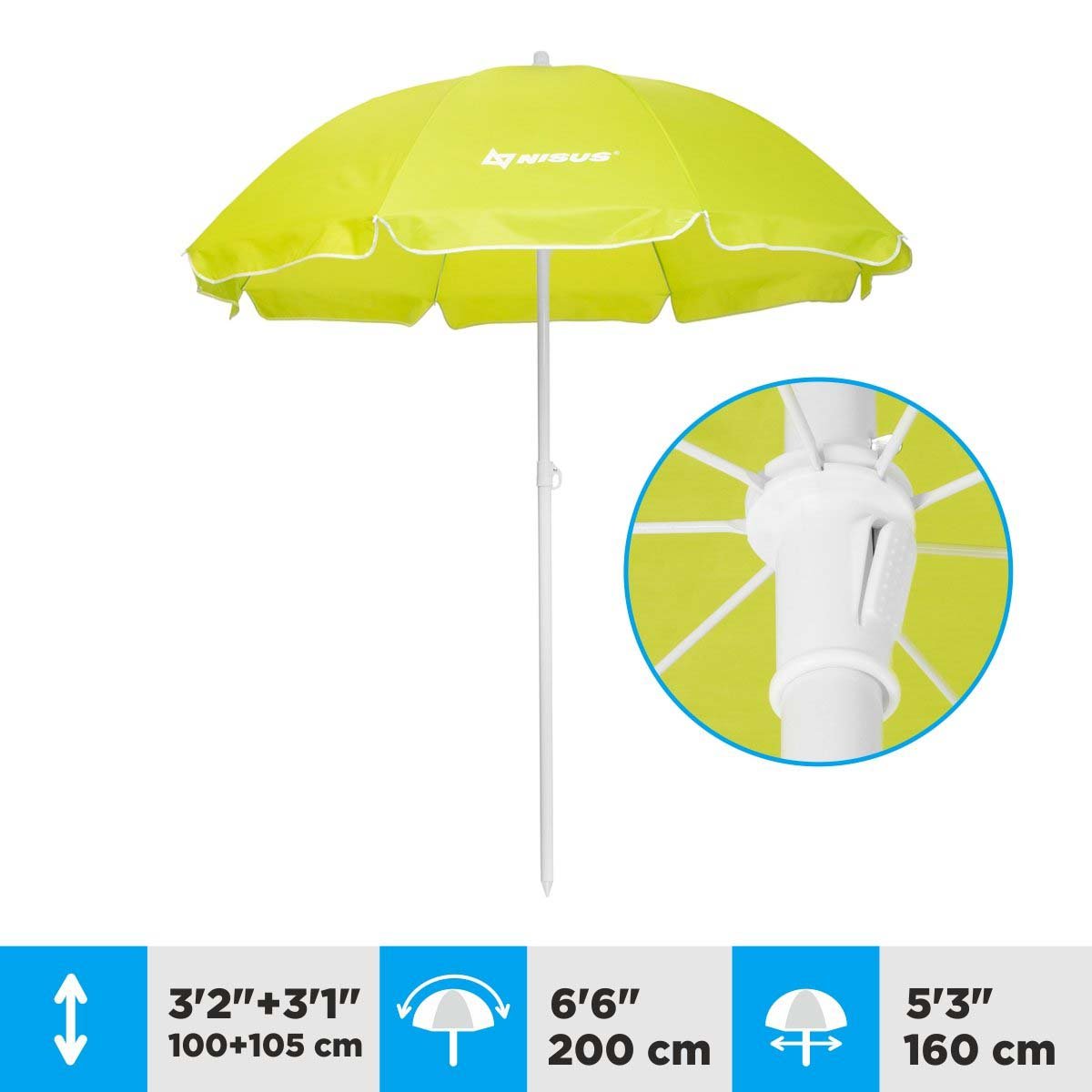 A 5.3 ft Lime Green Tilting Beach Umbrella is 6.3 feet high