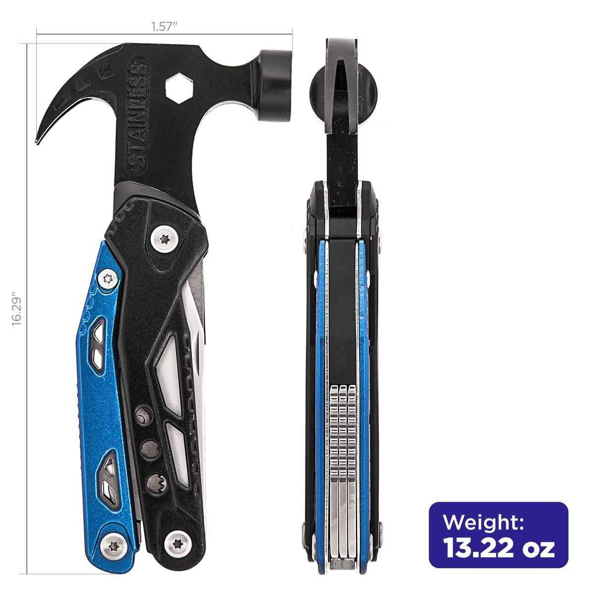  Portable 7-in-1 Hammer Multitool fore Home and Outdoor is 16.29 inches long, 1.57 inches wide and weighs 13.22 oz